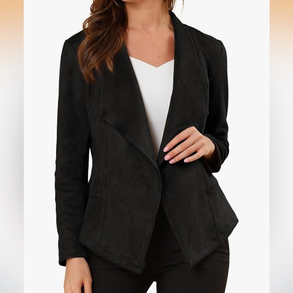 Allegra K Black Blazer - Faux Suede Open-Front - Draped Cropped Blazer | Size M